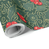 Dark Green and Gold Filigree Holly ID1220 Cadeaupapier (Rol Hoek)