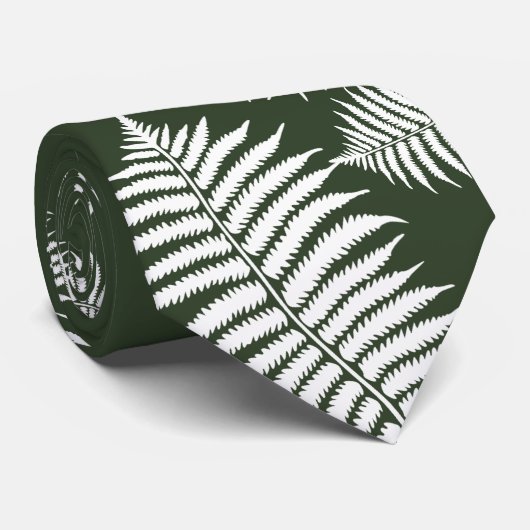 Dark Green and White Fern Design Stropdas (Opgerold)
