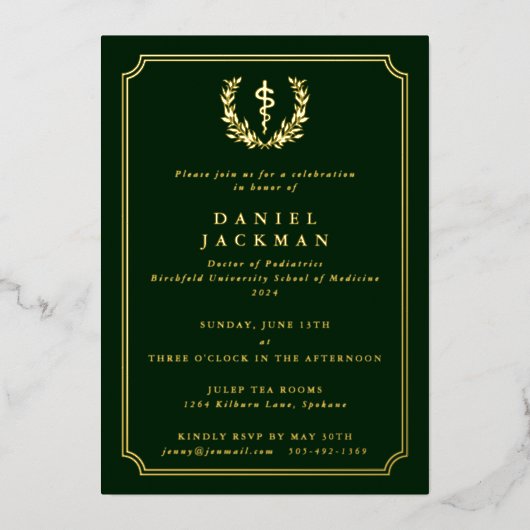 Dark Green Asclepius Medical School Afstuderen Folie Uitnodiging (Voorkant)