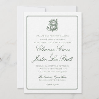 Dark Green "B" Monogram Wedding Invitation Kaart
