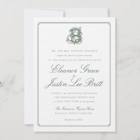 Dark Green "B" Monogram Wedding Invitation Kaart (Voorkant)