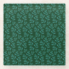  Dark Green Background with Teal Botanical Leaves Glazen Onderzetter