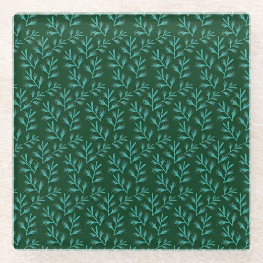  Dark Green Background with Teal Botanical Leaves Glazen Onderzetter (Voorkant)