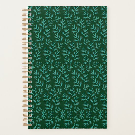 Dark Green Background with Teal Botanical Leaves Planner (Voorkant)