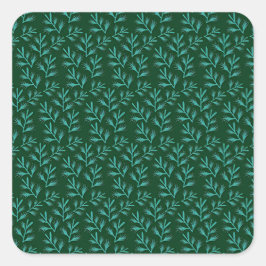  Dark Green Background with Teal Botanical Leaves Vierkante Sticker