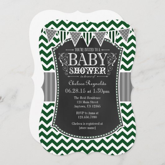 Dark Green Chalkboard Chevron Baby shower Invite Kaart (Voorkant / Achterkant)