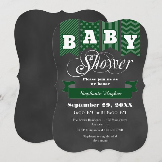 Dark Green Chalkboard Flag Baby shower Invite Kaart (Voorkant / Achterkant)