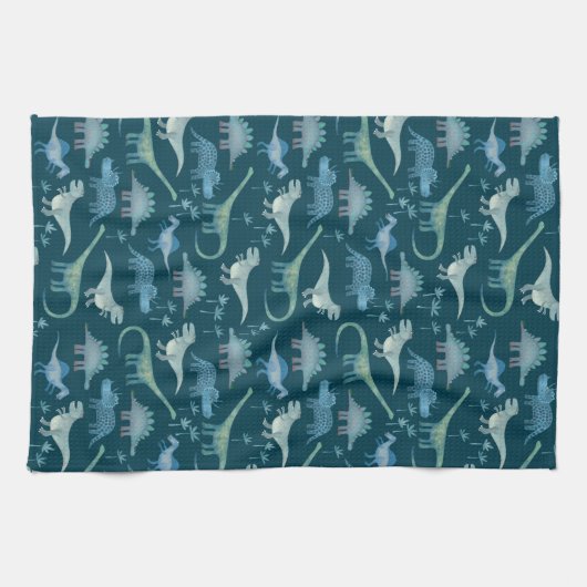 Dark Green Cute Dinosaur Pattern Theedoek (Horizontaal)