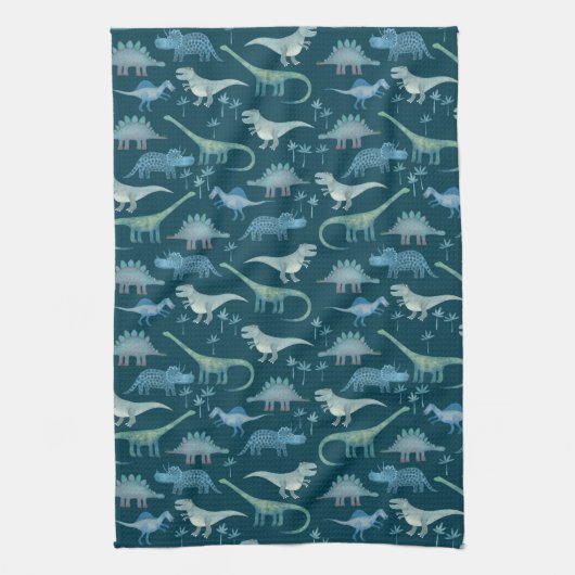 Dark Green Cute Dinosaur Pattern Theedoek (Verticaal)