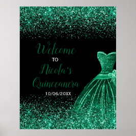 Dark Green Dress Faux Glitter Quinceanera Welcome Poster