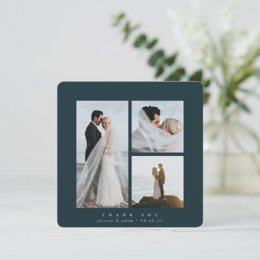Dark Green Elegant Square Three Photo Wedding Bedankkaart (Staand voorkant)