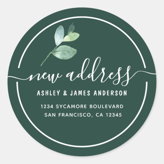 Dark Green Eucalyptus Calligraphy New Address Ronde Sticker (Voorkant)