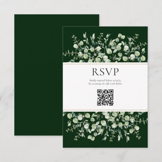 Dark Green Eucalyptus QR Code Wedding RSVP Informatiekaartje (Voorkant / Achterkant)