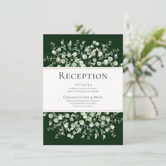 Dark Green Eucalyptus Wedding Reception Informatiekaartje (Staand voorkant)