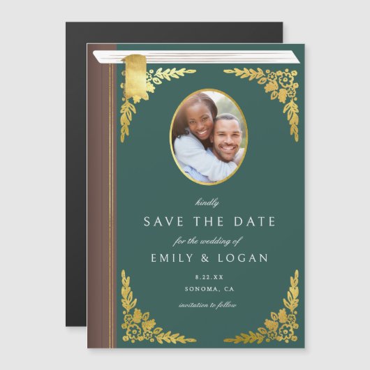 Dark Green Gold Book Wedding Save The Date Card Magnetische Uitnodiging (Voorkant / Achterkant)