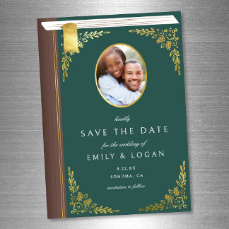Dark Green Gold Book Wedding Save The Date Card Magnetische Uitnodiging