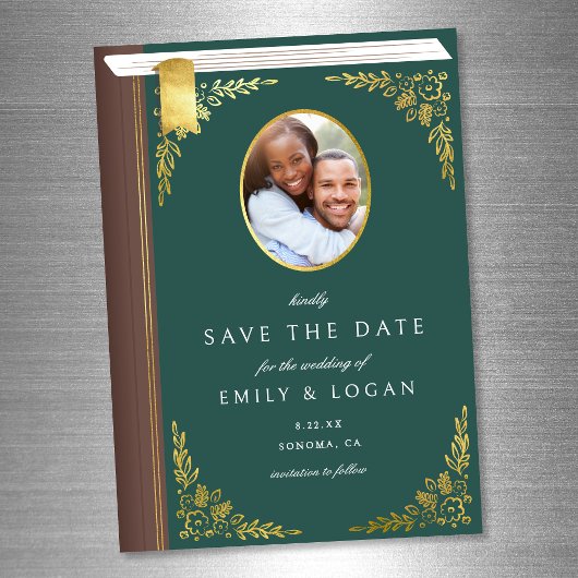 Dark Green Gold Book Wedding Save The Date Card Magnetische Uitnodiging