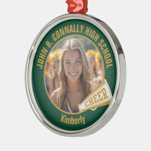 Dark Green Gold Cheerleader Photo Christmas Metalen Ornament (Links)