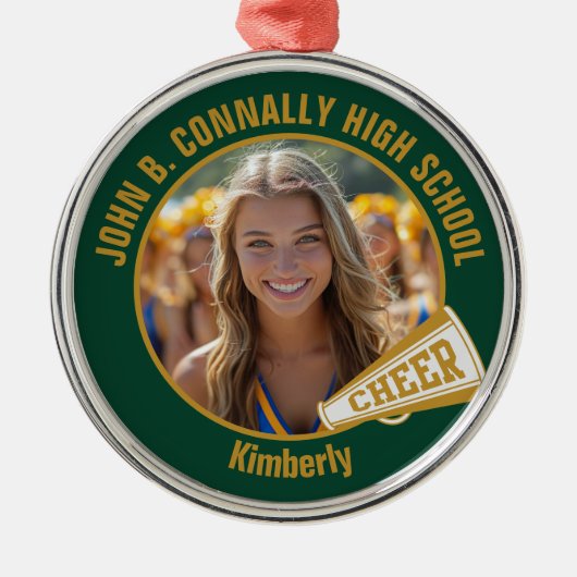 Dark Green Gold Cheerleader Photo Christmas Metalen Ornament (Voorkant)