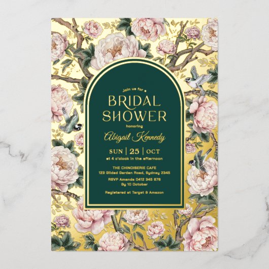 Dark Green Gold Chinoiserie Flowers Vrijgezellenfe Folie Uitnodiging (Voorkant)