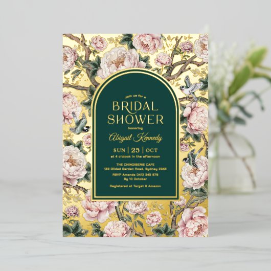Dark Green Gold Chinoiserie Flowers Vrijgezellenfe Folie Uitnodiging (Staand Voorkant)