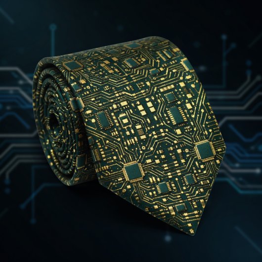 Dark Green Gold Tech Motherboard Pattern Stropdas