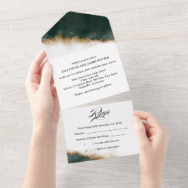 Dark Green & Gold Watercolor Wedding All In One Uitnodiging