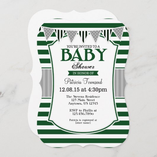 Dark Green Grey Stripes Baby shower Invitation Kaart (Voorkant / Achterkant)