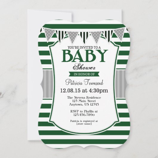 Dark Green Grey Stripes Baby shower Invitation Kaart (Voorkant)