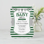 Dark Green Grey Stripes Baby shower Invitation Kaart (Staand voorkant)