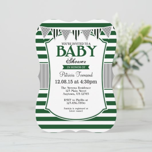 Dark Green Grey Stripes Baby shower Invitation Kaart (Staand voorkant)