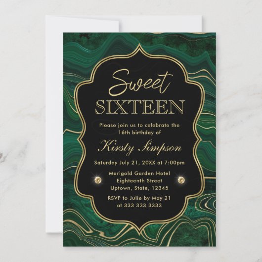 Dark Green Malachite en Gold Foil Strata Sweet 16 Kaart (Voorkant)
