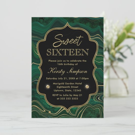 Dark Green Malachite en Gold Foil Strata Sweet 16 Kaart (Staand voorkant)