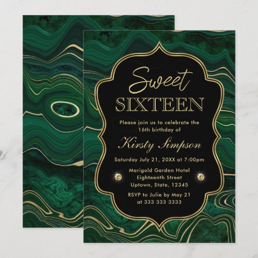 Dark Green Malachite en Gold Foil Strata Sweet 16 Kaart (Voorkant / Achterkant)