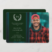 Dark Green Monogram Laurel WreatAfstuderen Foto Aankondiging (Voorkant / Achterkant)