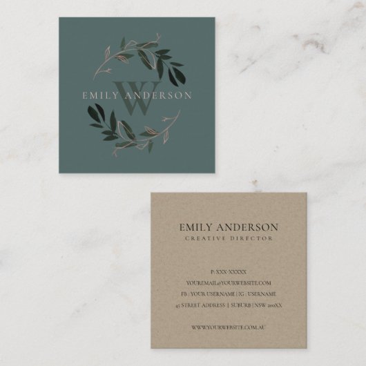 DARK GREEN PINK FAUNA INITIAAL WREATS PROFESSIONAL VIERKANTE VISITEKAARTJE (Voorkant / Achterkant)