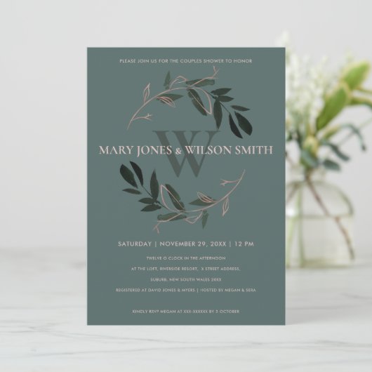 DARK GREEN PINK FOLIAGE WREATH COUPLY SHOWER CARD BEDANKKAART (Staand voorkant)