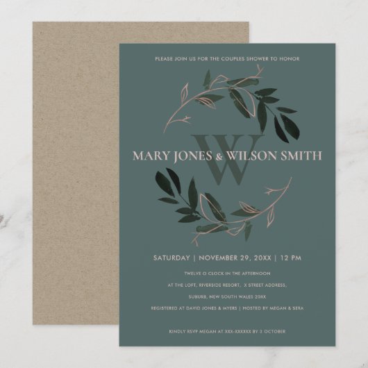 DARK GREEN PINK FOLIAGE WREATH COUPLY SHOWER CARD BEDANKKAART (Voorkant / Achterkant)