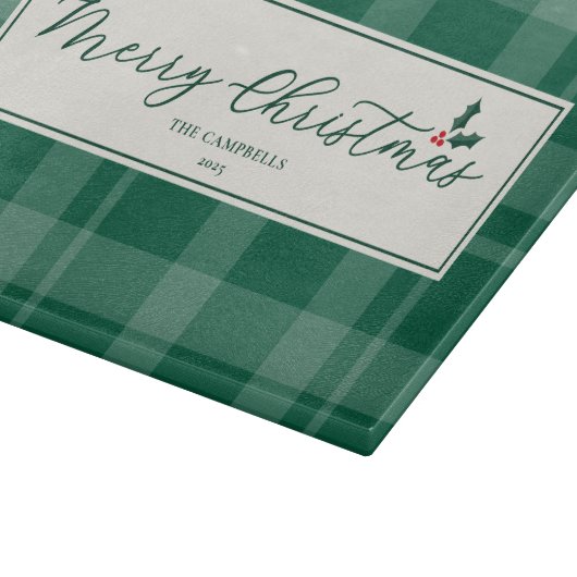 Dark Green Plaid Merry Christmas Script Snijplank (Hoek)