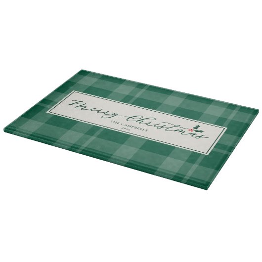Dark Green Plaid Merry Christmas Script Snijplank (Hoek)