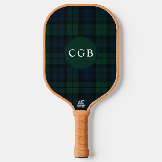 Dark Green Plaid with Monogram Pickleball Paddle (Voorkant)