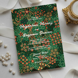 Dark Green Red Art Tapestry Textile Floral Wedding Folie Uitnodiging