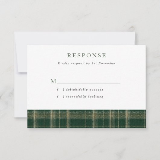 Dark Green Scottish Tartan Wedding RSVP Kaartje (Voorkant)