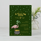 Dark Green Shamrock Flamingo St Patrick's Day Folie Uitnodiging (Staand Voorkant)