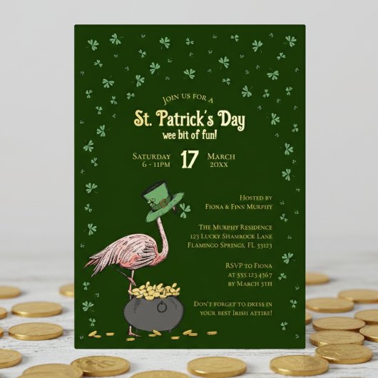 Dark Green Shamrock Flamingo St Patrick's Day Folie Uitnodiging