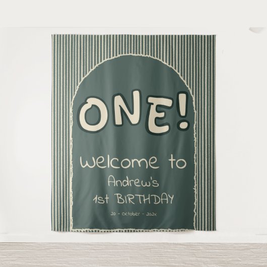Dark Green Stripes 1st Birthday Backdrop Wandkleed (Voorkant)
