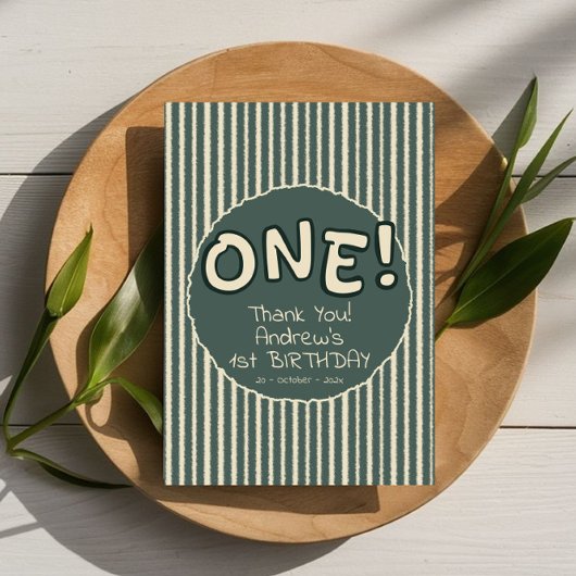 Dark Green Stripes 1st Birthday Bedankkaart