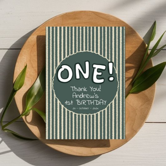 Dark Green Stripes 1st Birthday Bedankkaart