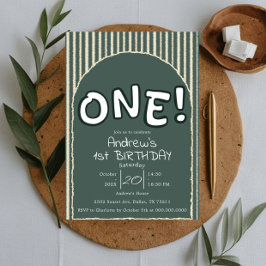 Dark Green Stripes 1st Birthday Kaart