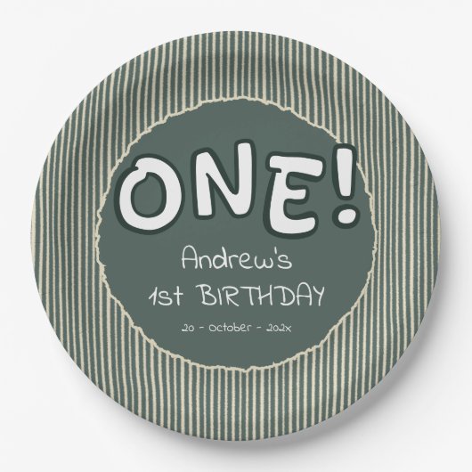 Dark Green Stripes 1st Birthday Papieren Bordje (Voorkant)